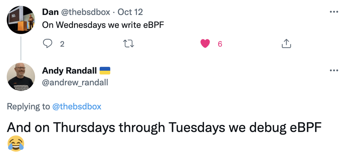 Tweets:  On Wednesdays we write eBPF And on Thursdays through Tuesdays we debug eBPF 😂