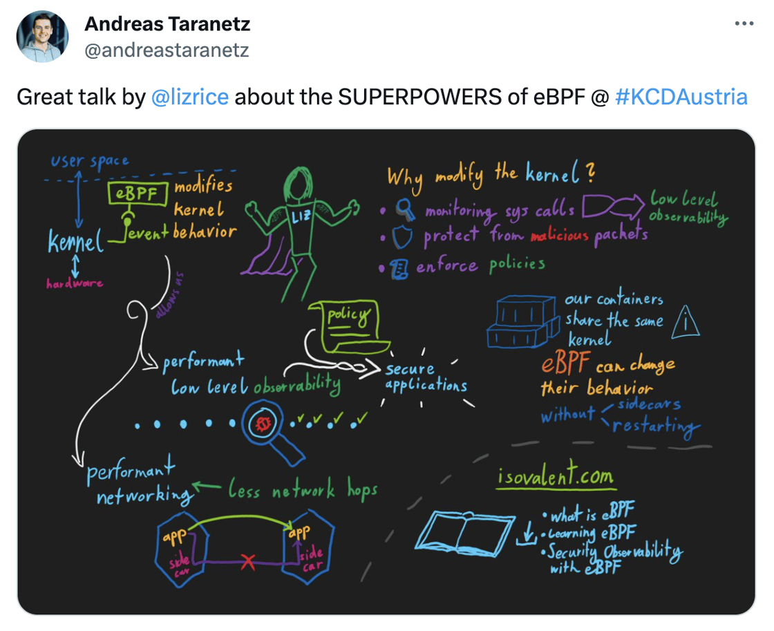 tweet: Great talk by  @lizrice  about the SUPERPOWERS of eBPF @ #KCDAustria