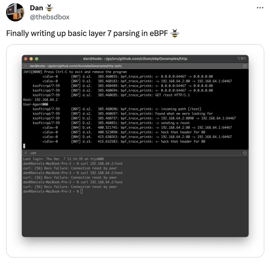 tweet: Finally writing up basic layer 7 parsing in eBPF 🐝