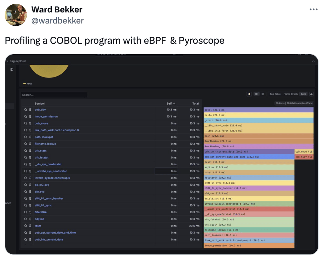 Tweet: Profiling a COBOL program with eBPF  & Pyroscope