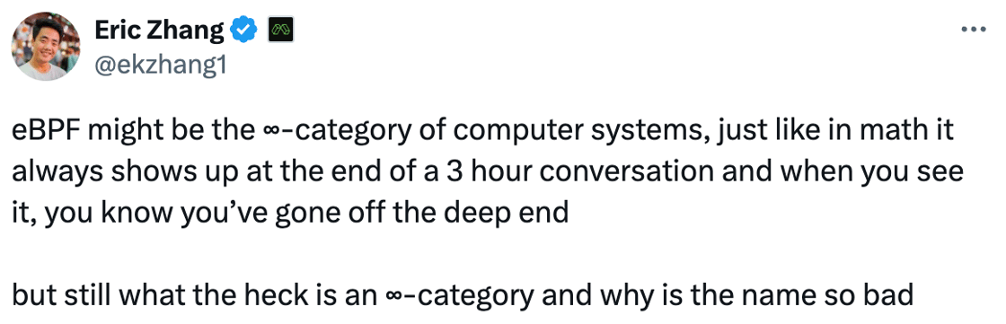 eBPF might be the ∞-category of computer systems, just like in math it always shows up at the end of a 3 hour conversation and when you see it, you know you’ve gone off the deep end  but still what the heck is an ∞-category and why is the name so bad