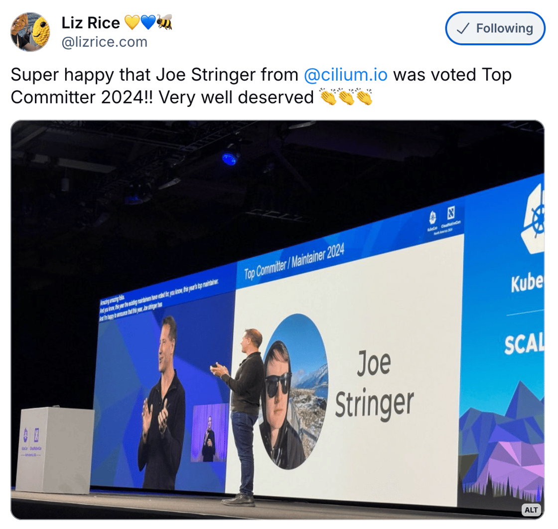 skeet: Super happy that Joe Stringer from  @cilium.io  was voted Top Committer 2024!! Very well deserved 👏👏👏