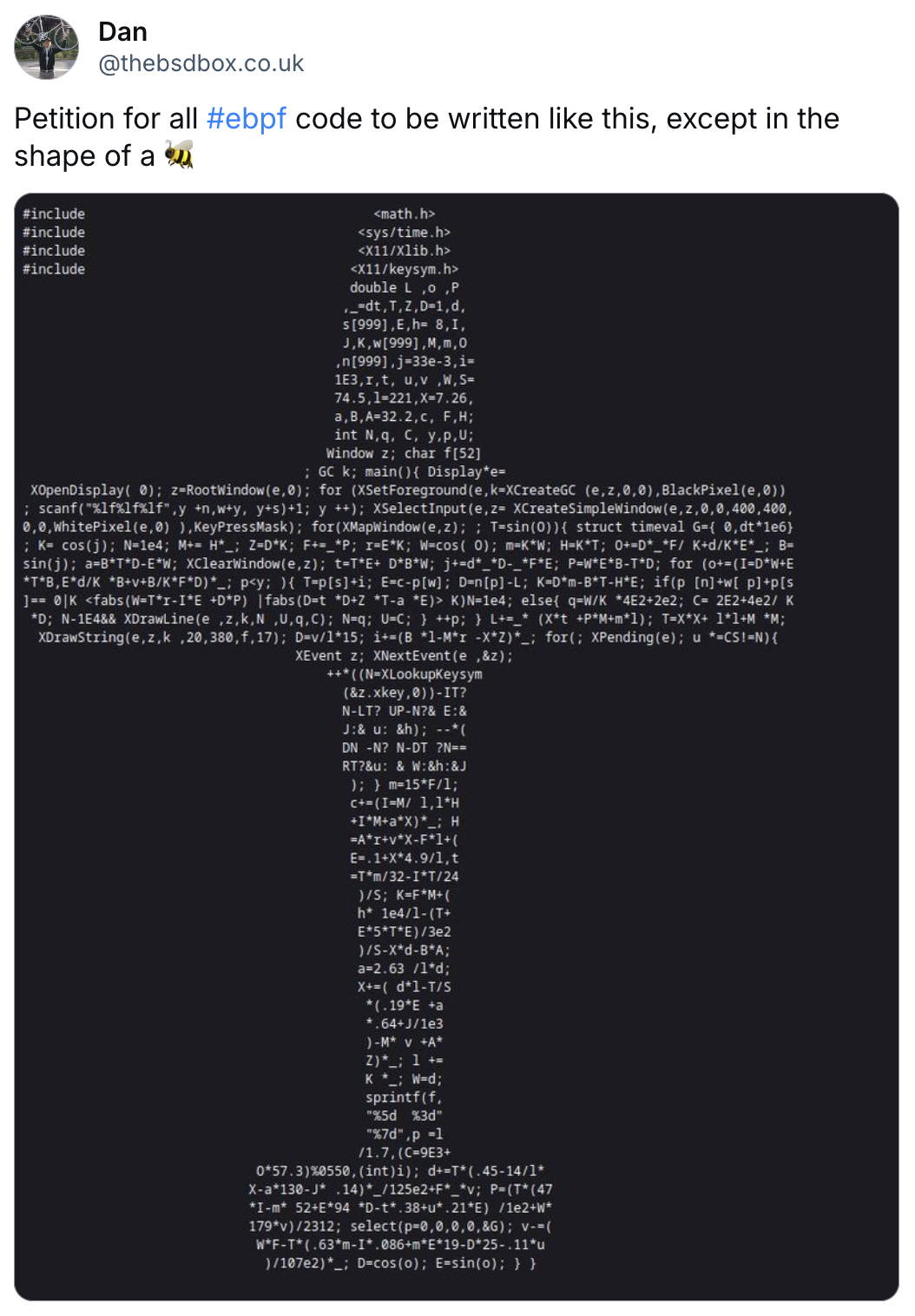 Petition for all  #ebpf  code to be written like this, except in the shape of a 🐝