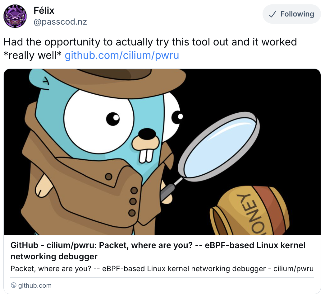 Had the opportunity to actually try this tool out and it worked *really well* github.com/cilium/pwru